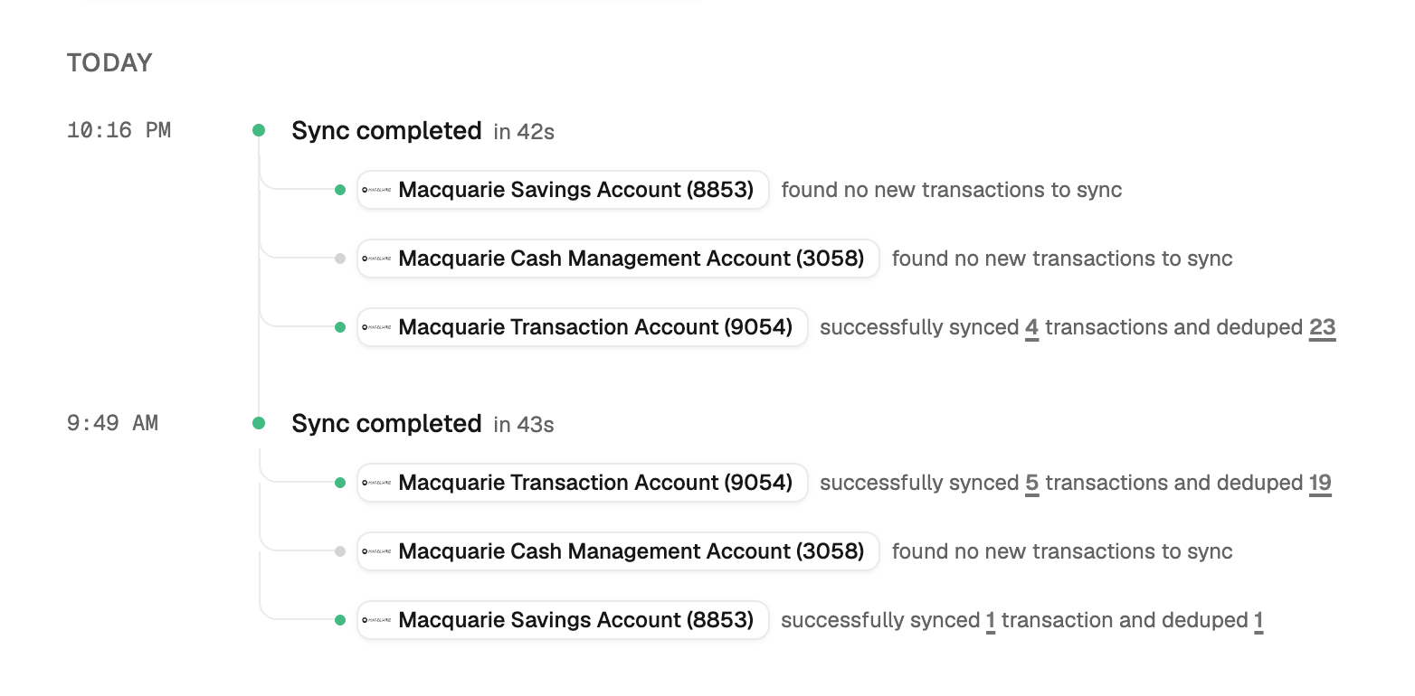 Sync activity feed showing per-account synced and deduped counts