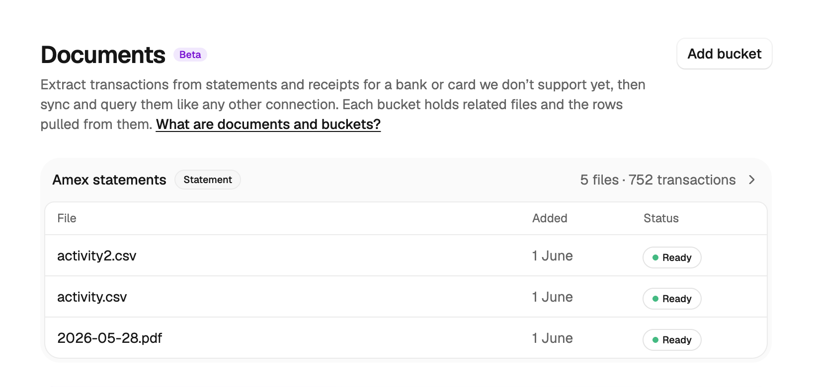 The Documents area showing a statement bucket with extracted files
