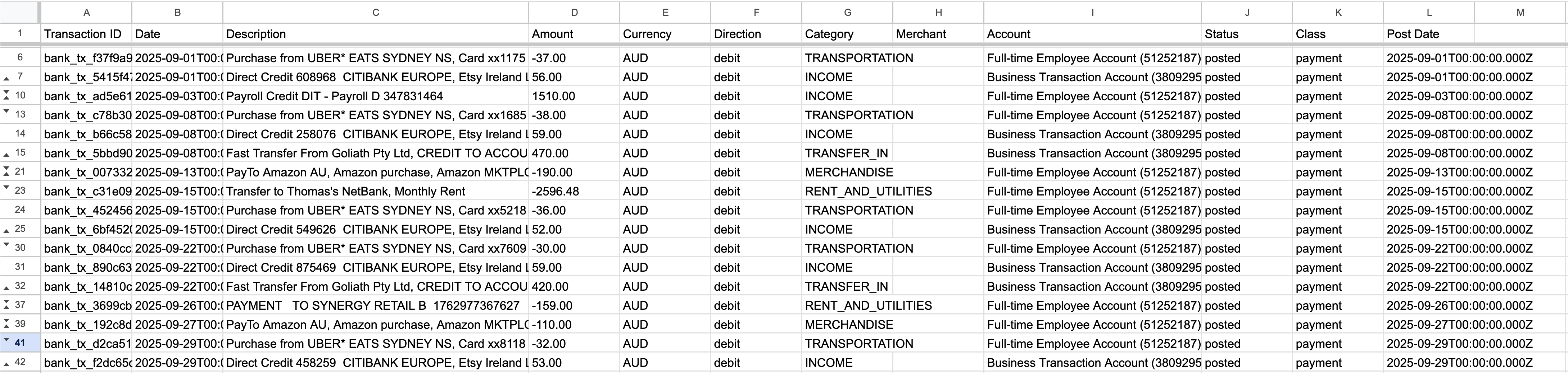 Synced transactions in Google Sheets