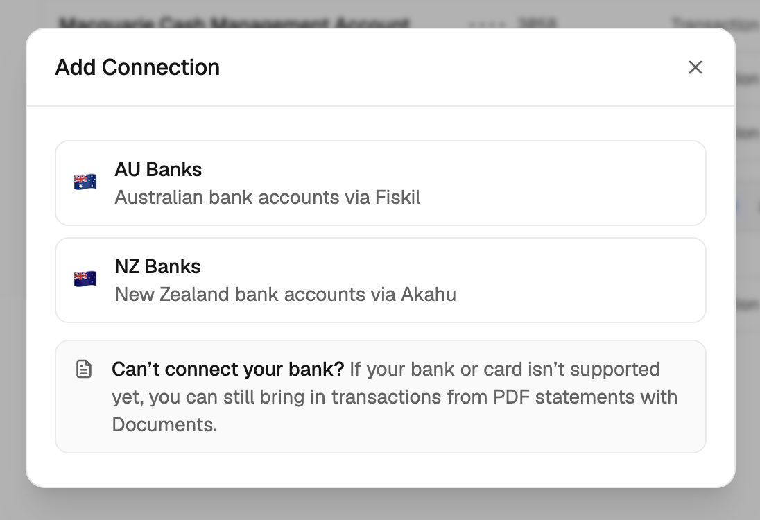 Add Connection dialog showing AU Banks, NZ Banks, and Documents