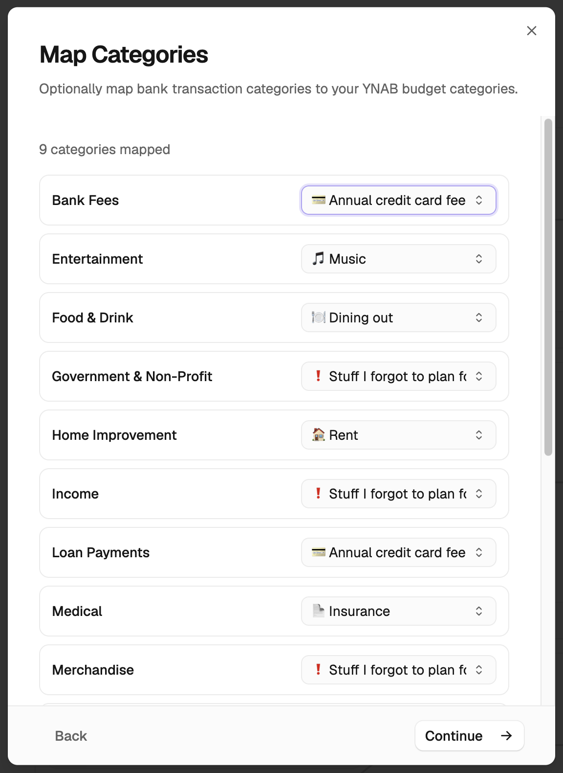 Map bank categories to You Need a Budget categories